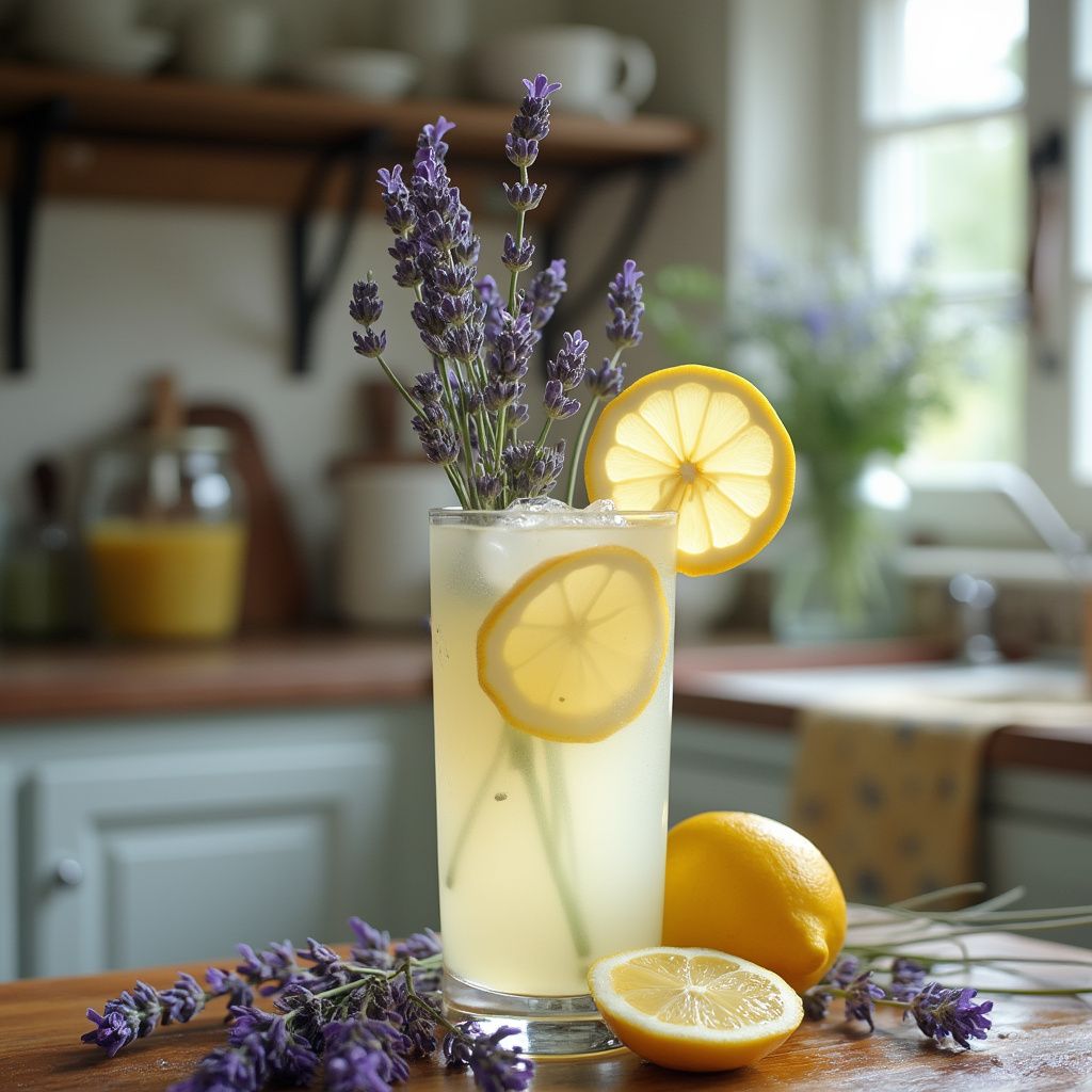A glass of lavender lemonade in a farmhouse kitchen. There should be a slice of lemon on the rim of the glass, and lavender sprigs scattered around the base of the glass