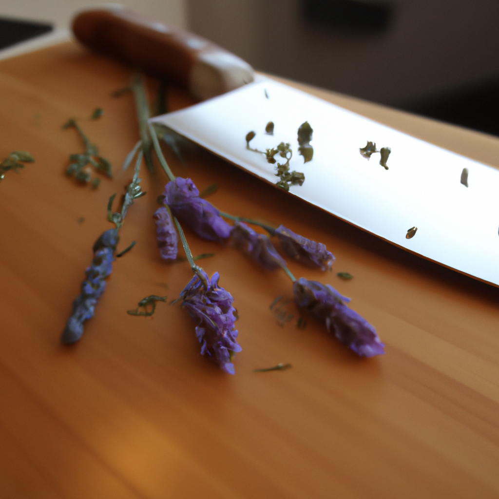 Lavender buds by a chefs knife