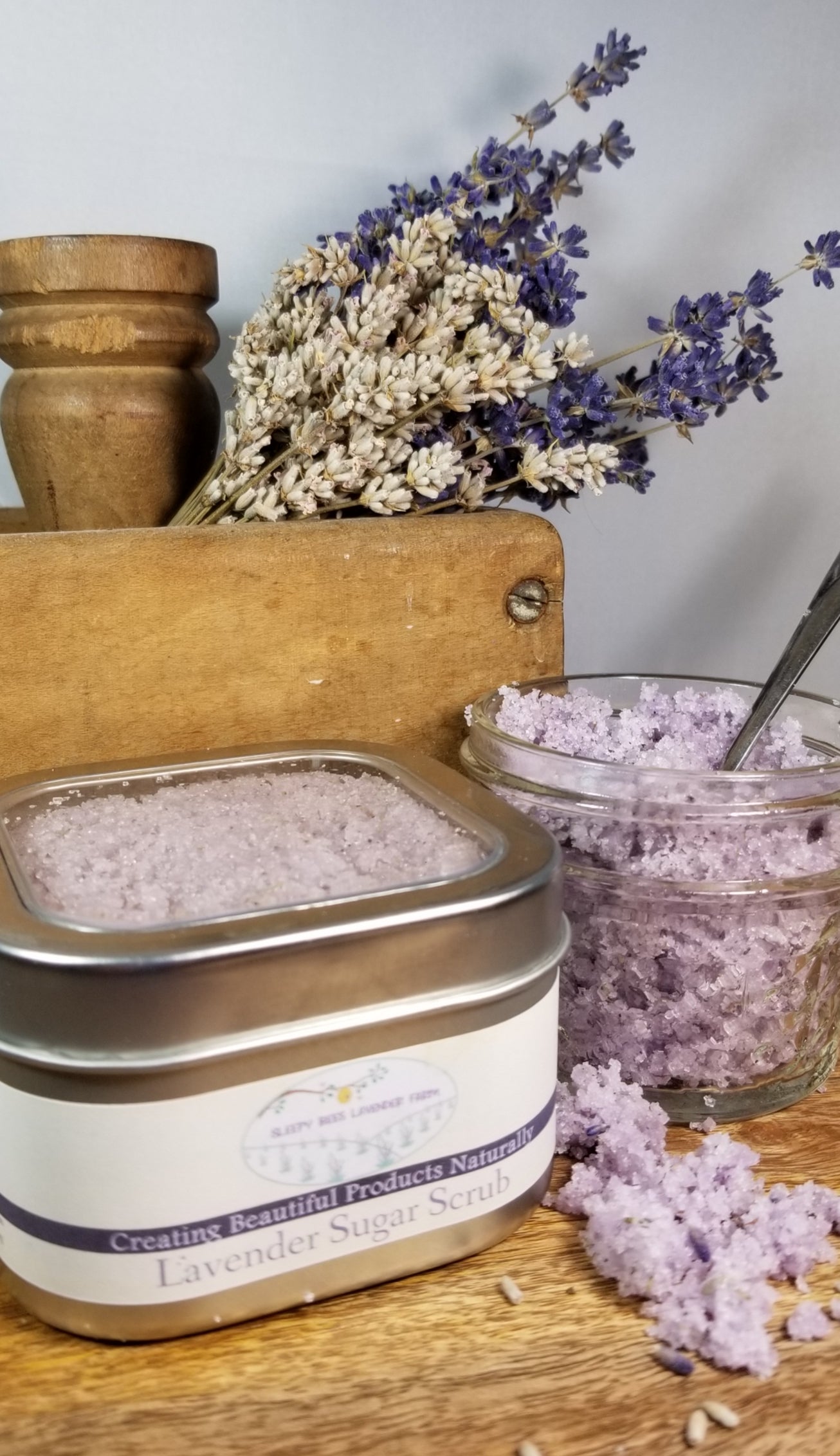 Lavender Essential oil sugar scrub. Amazing scrub to smooth your rough spots. Pairs well with Lavender body lotion or our body butter to soften the rough spots.